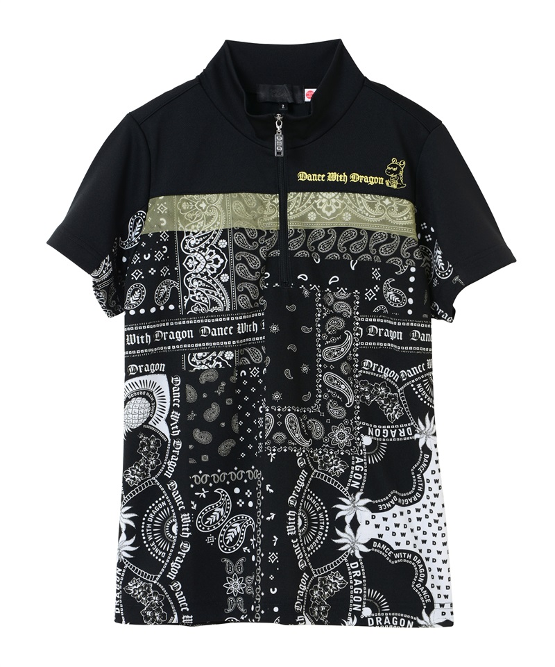 バンダナプリント半袖ZIPシャツ(BLACK-M)