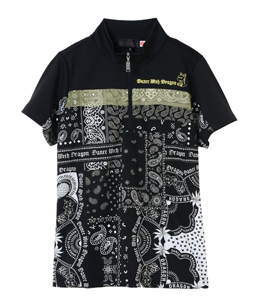 バンダナプリント半袖ZIPシャツ(BLACK-M)