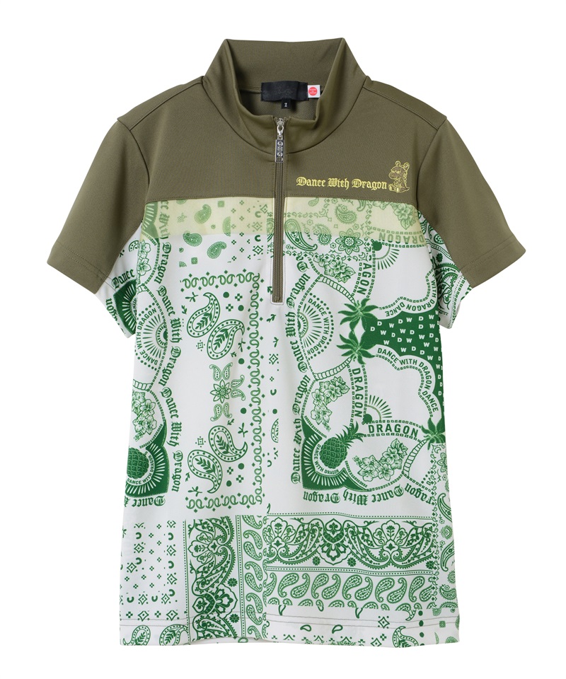 バンダナプリント半袖ZIPシャツ(KHAKI-M)