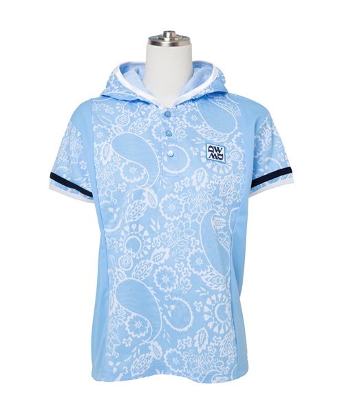 アニマルペイズリージャガードフード付き半袖シャツ(BLUE-M)